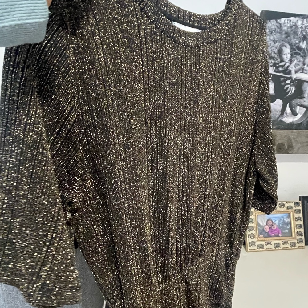 Sparkly black and cold short dress, cinched on the lower side.